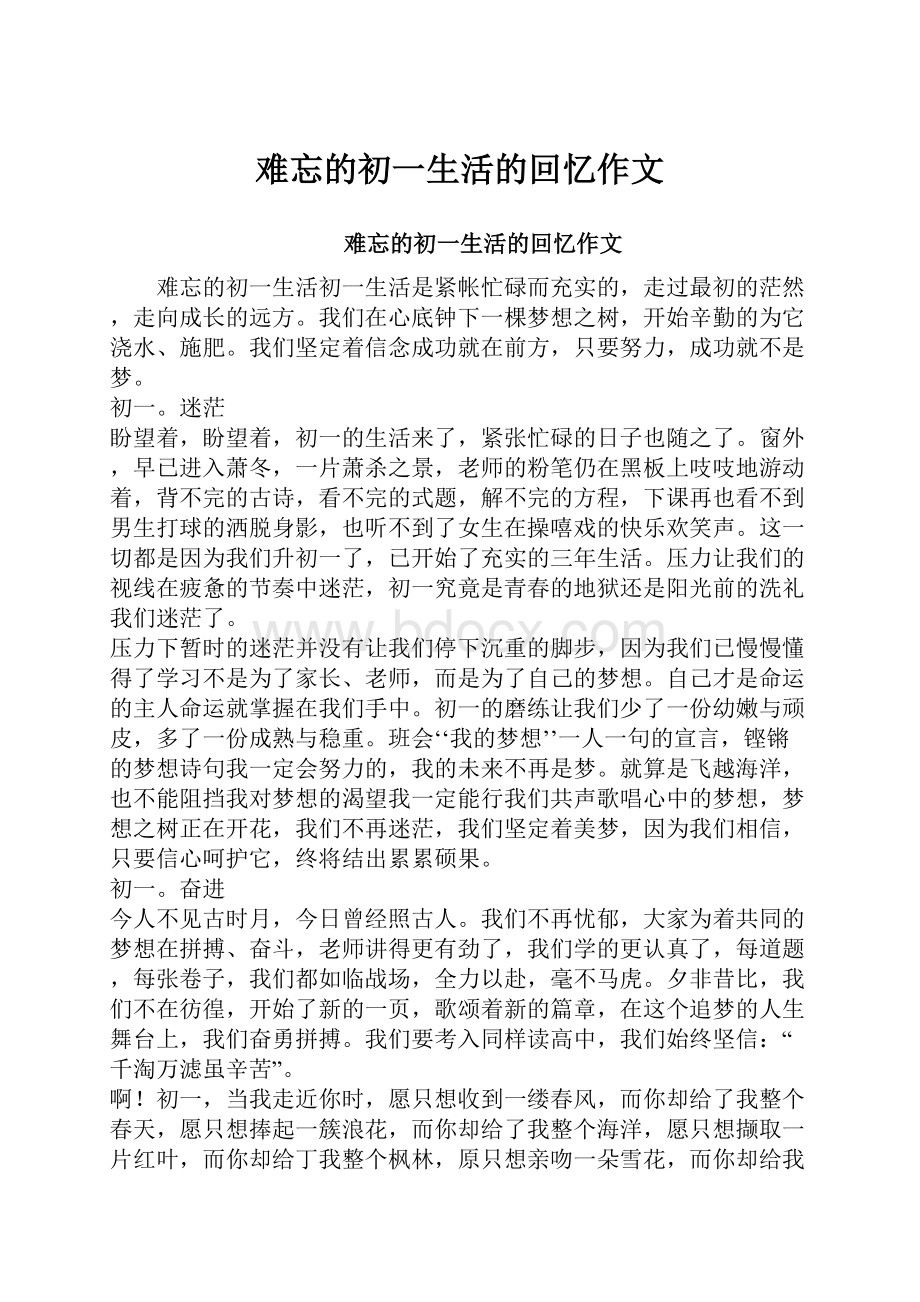 难忘的初一生活的回忆作文.docx