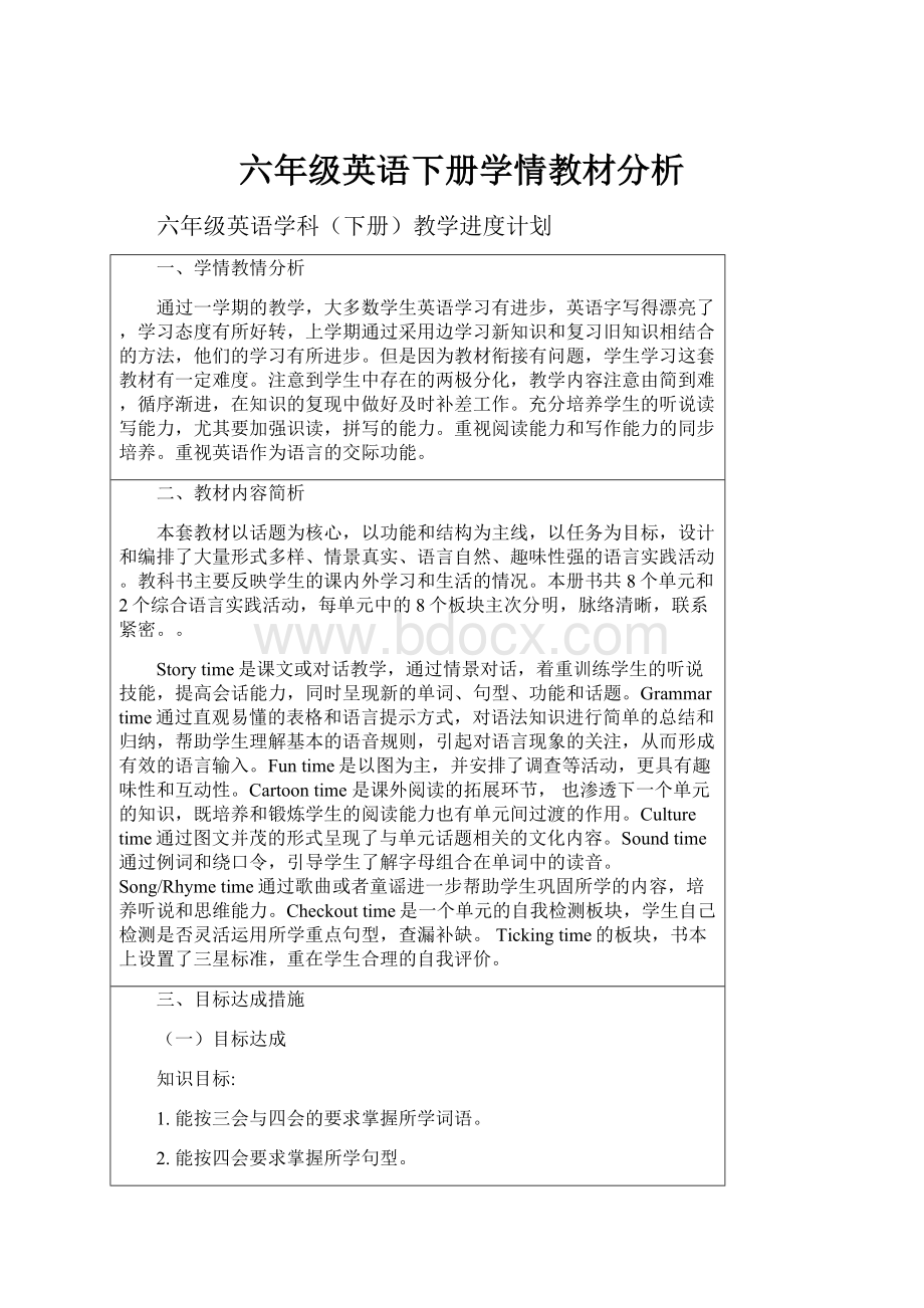 六年级英语下册学情教材分析.docx_第1页