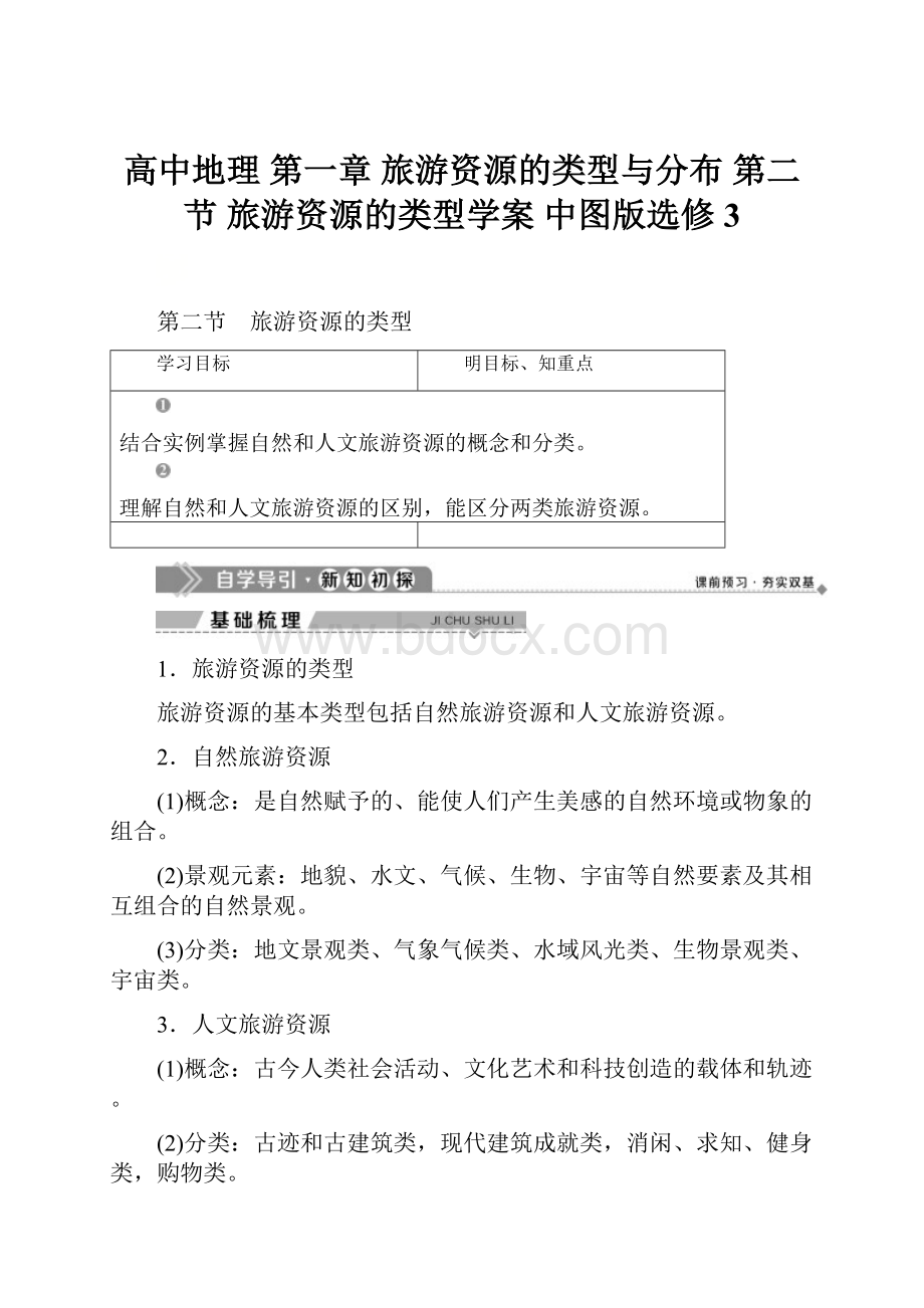 高中地理 第一章 旅游资源的类型与分布 第二节 旅游资源的类型学案 中图版选修3.docx