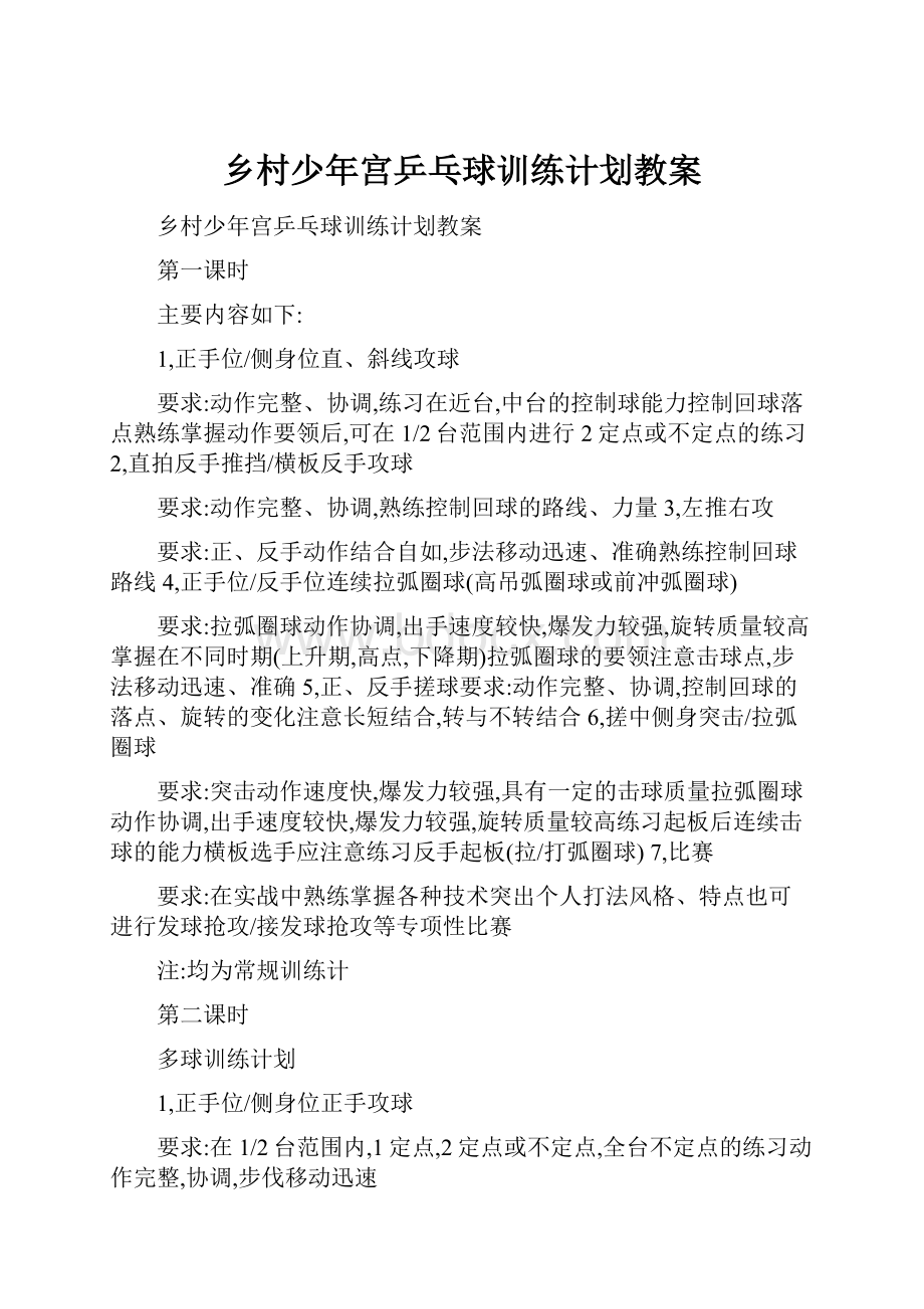 乡村少年宫乒乓球训练计划教案.docx_第1页