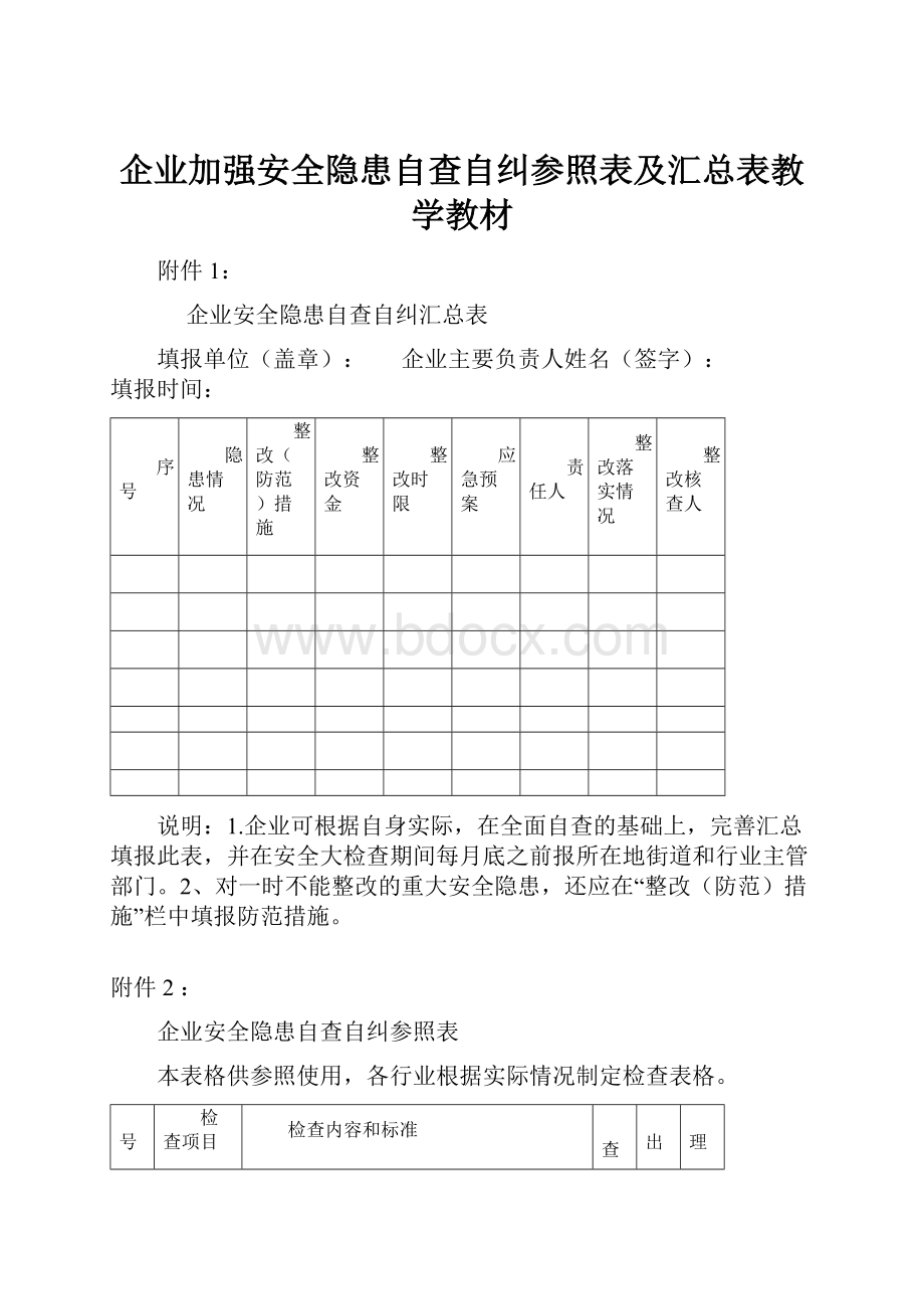 企业加强安全隐患自查自纠参照表及汇总表教学教材.docx_第1页