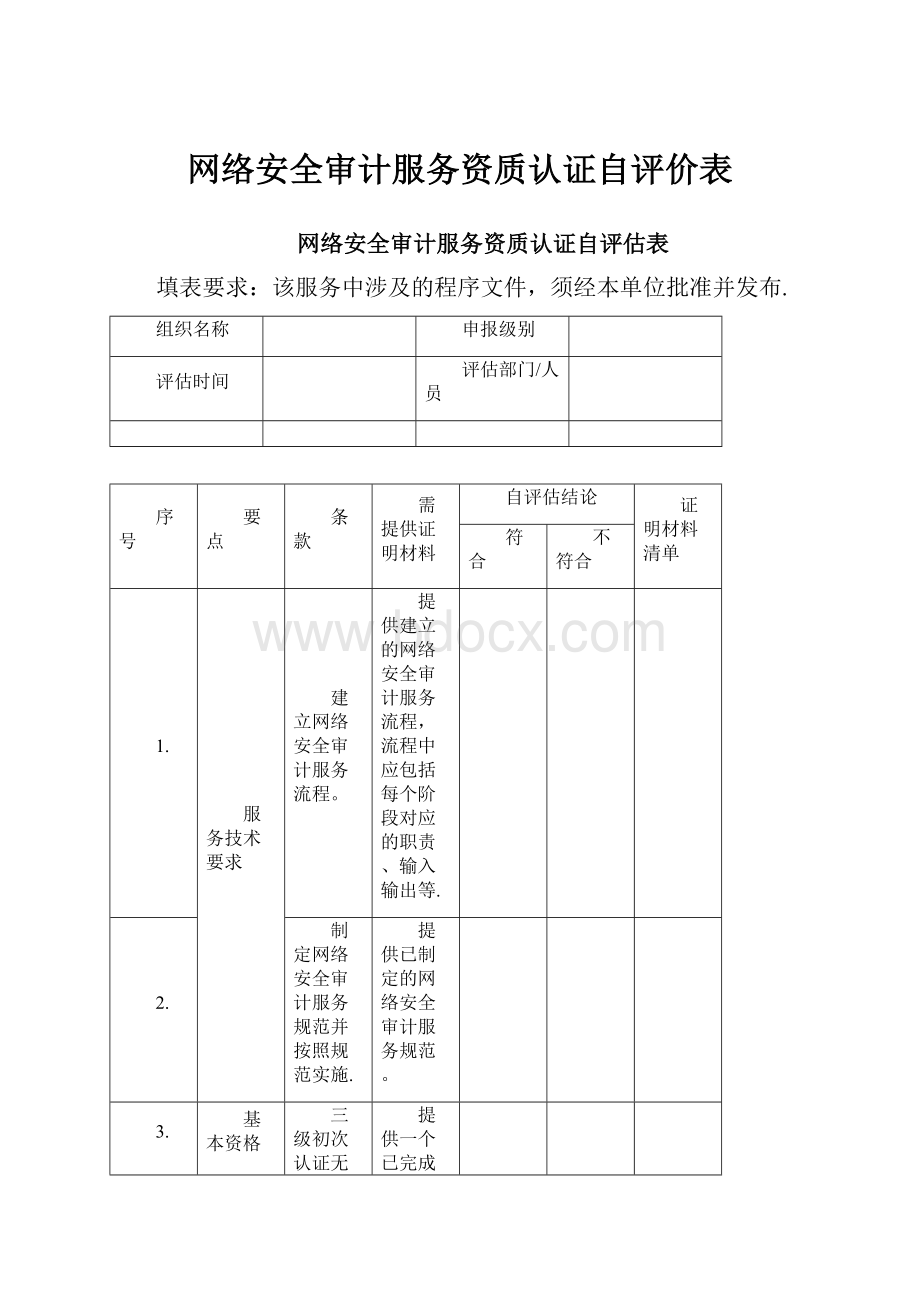 网络安全审计服务资质认证自评价表.docx