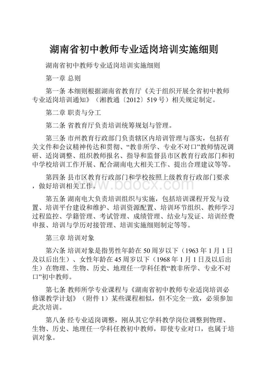 湖南省初中教师专业适岗培训实施细则.docx_第1页