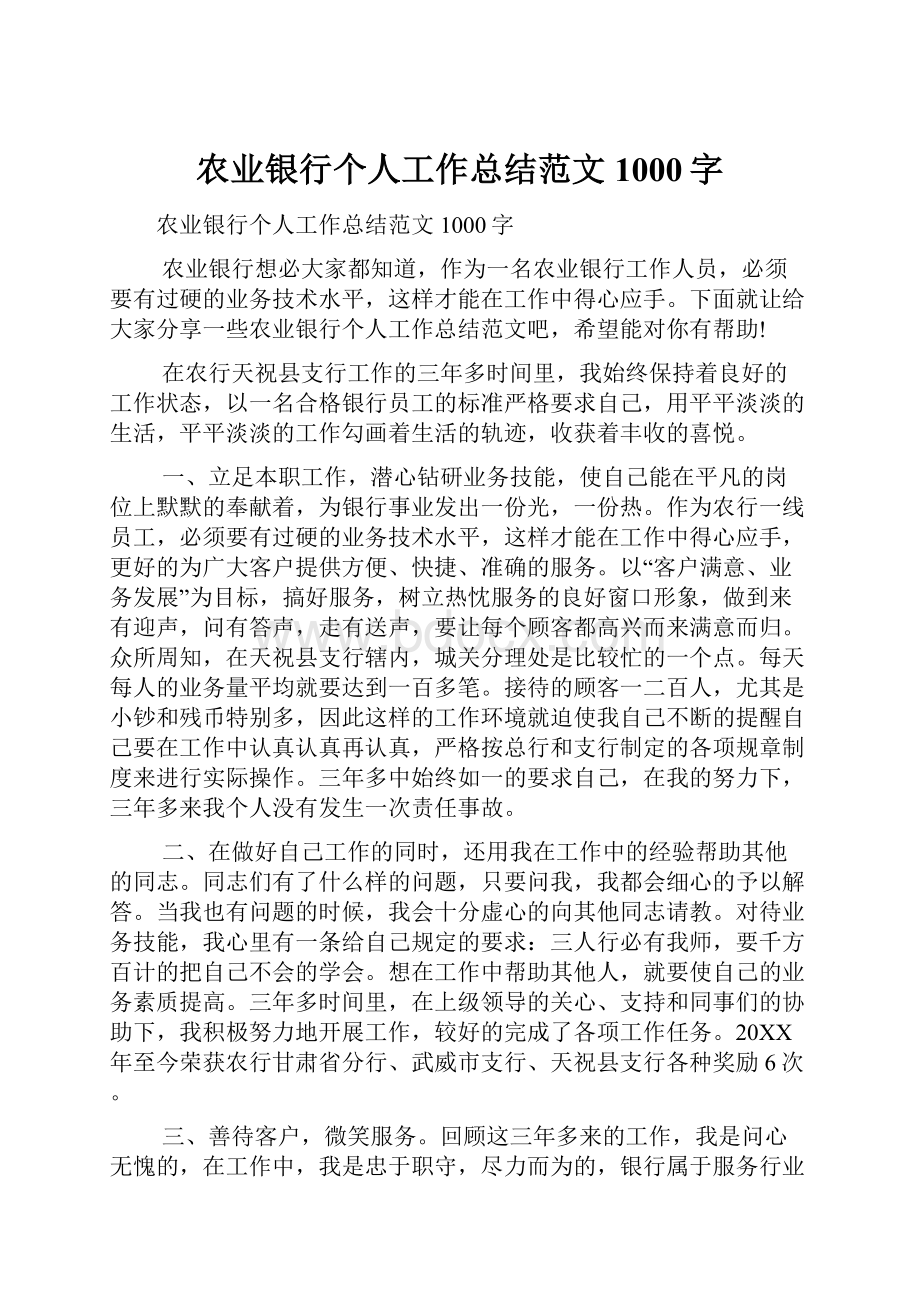 农业银行个人工作总结范文1000字.docx