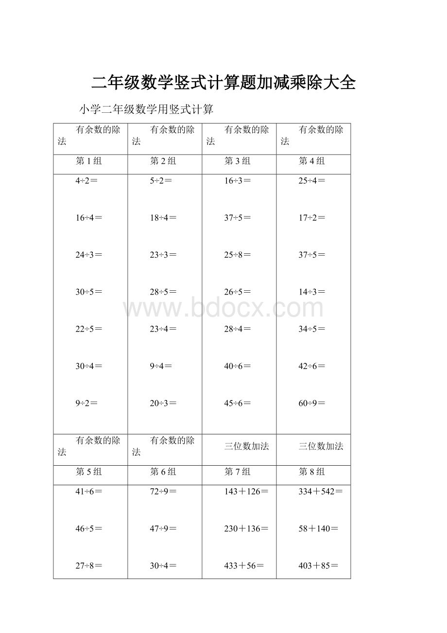 二年级数学竖式计算题加减乘除大全.docx_第1页