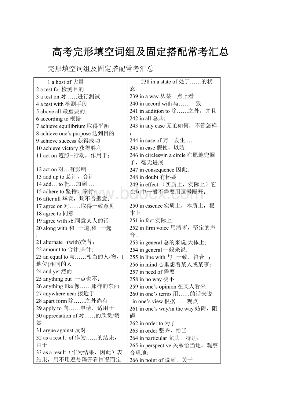 高考完形填空词组及固定搭配常考汇总.docx