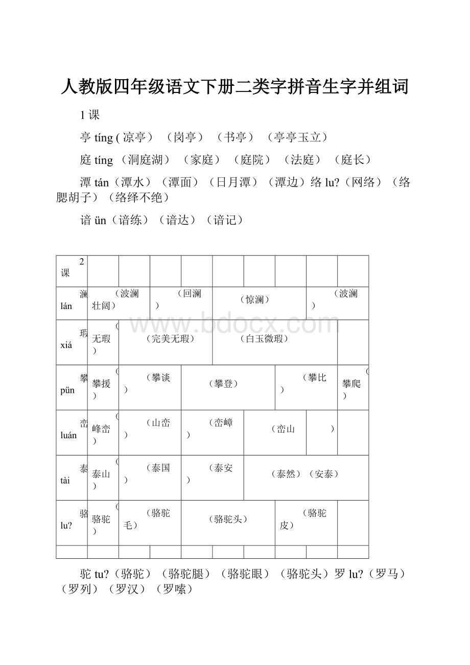 人教版四年级语文下册二类字拼音生字并组词.docx