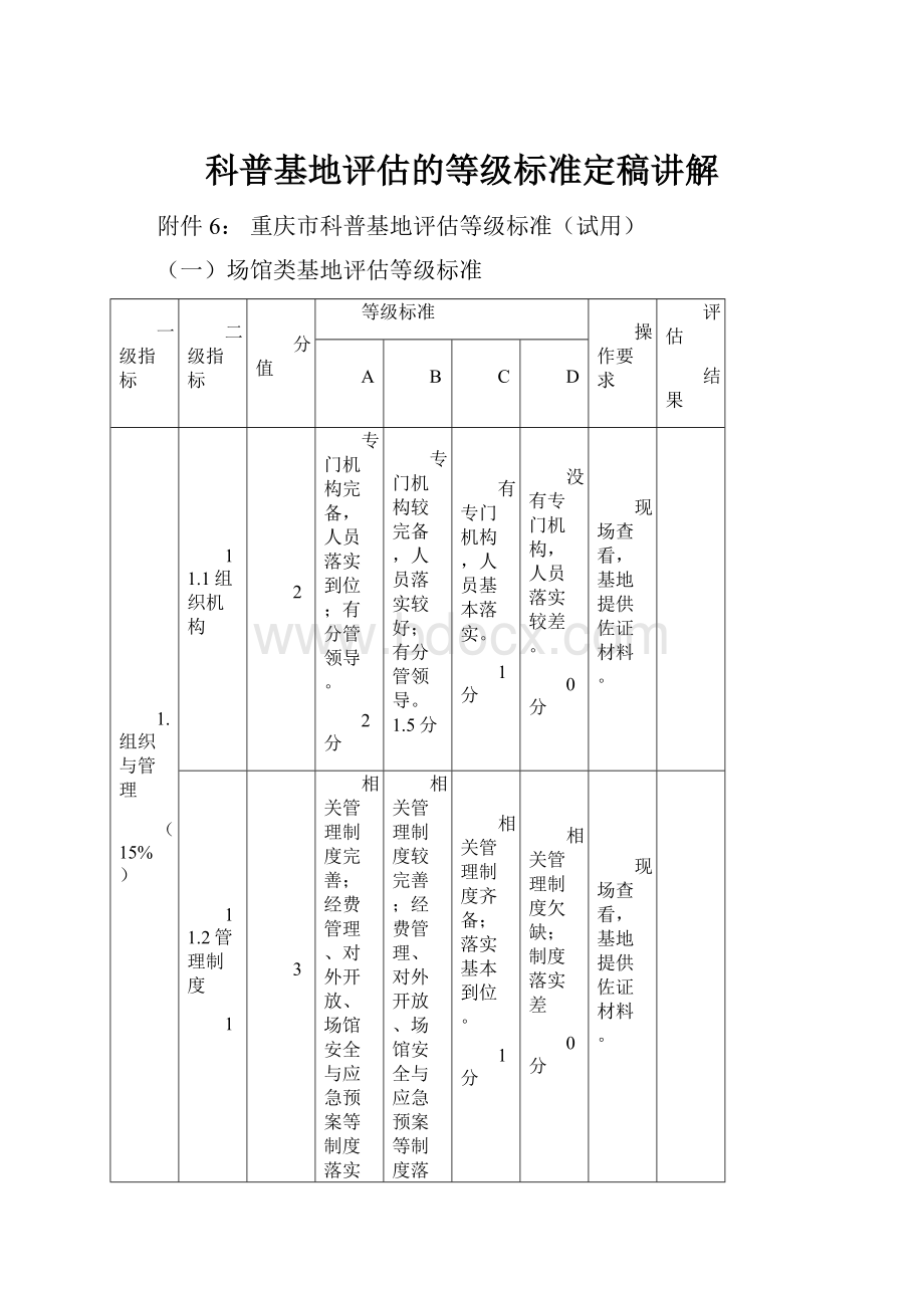 科普基地评估的等级标准定稿讲解.docx_第1页