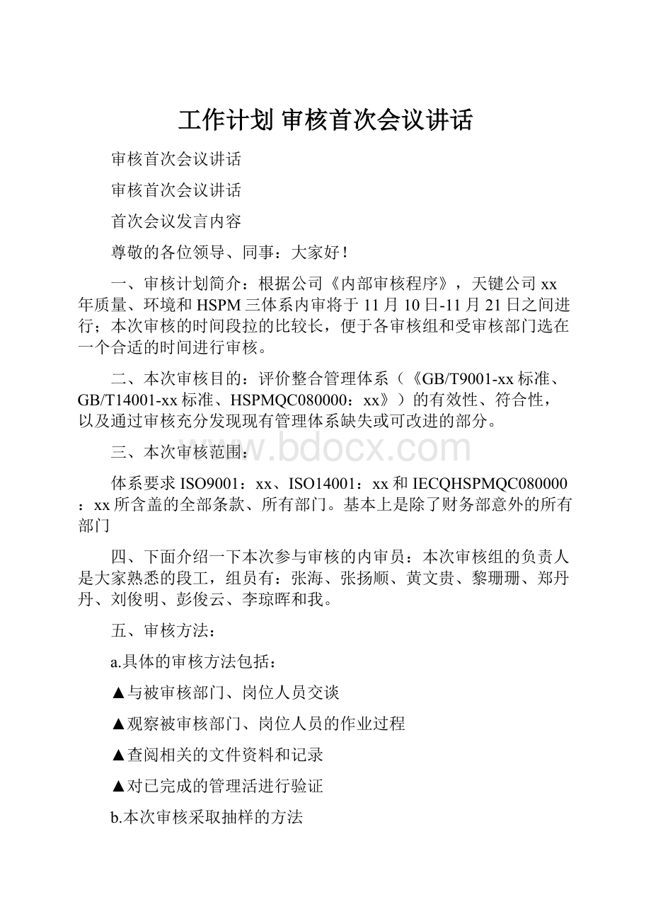 工作计划 审核首次会议讲话.docx