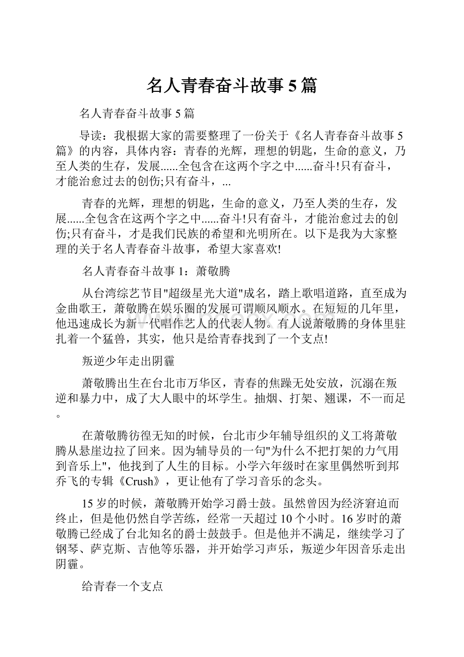 名人青春奋斗故事5篇.docx