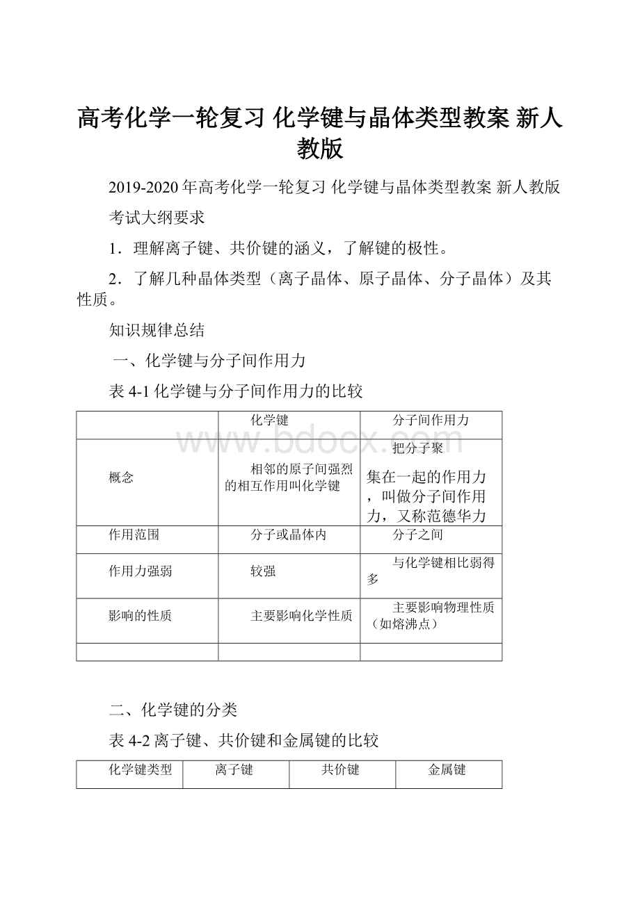 高考化学一轮复习 化学键与晶体类型教案 新人教版.docx