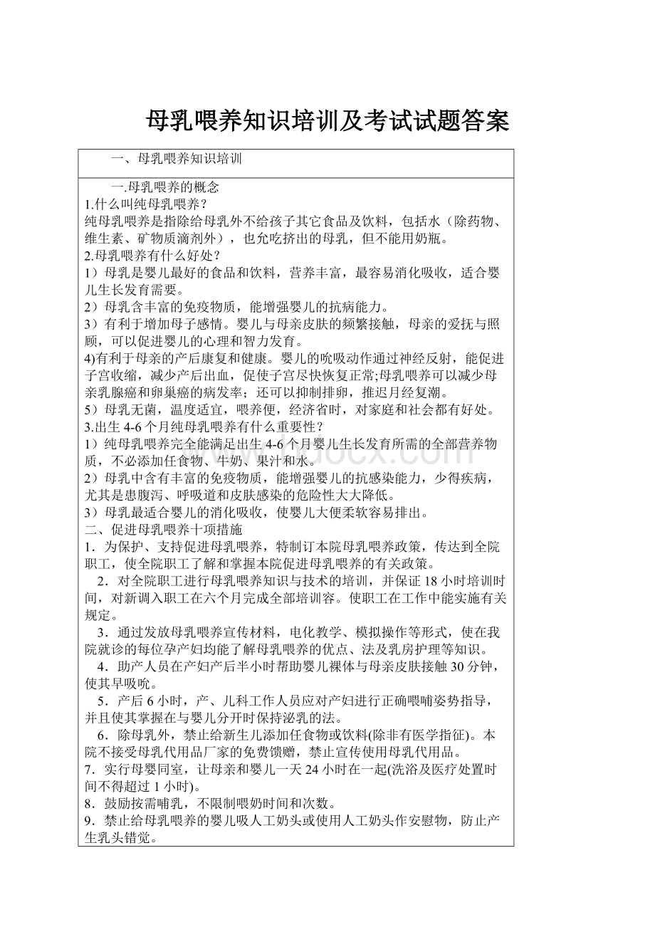 母乳喂养知识培训及考试试题答案.docx