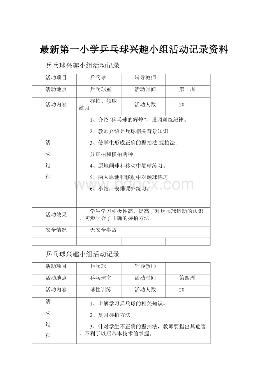 最新第一小学乒乓球兴趣小组活动记录资料.docx