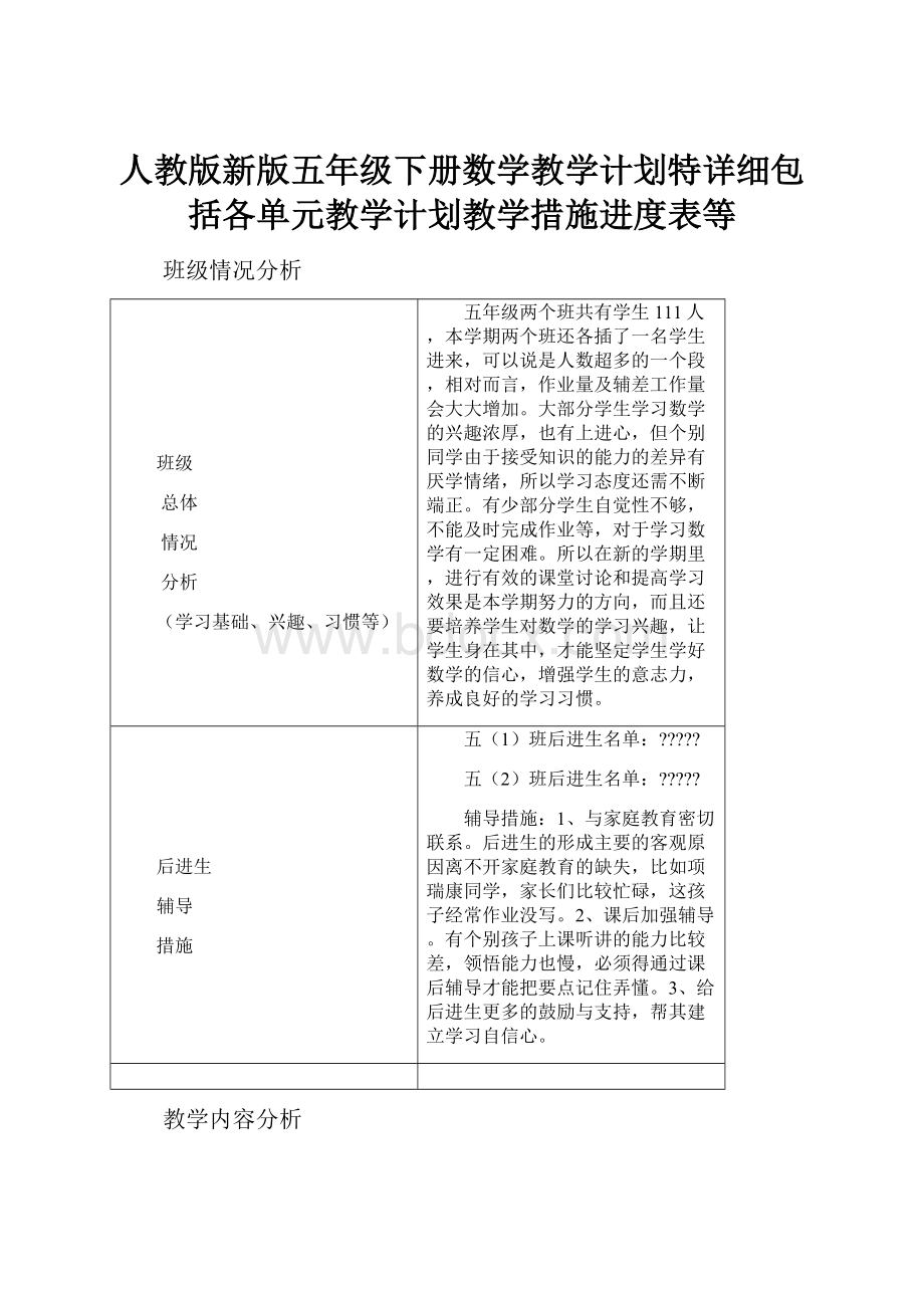 人教版新版五年级下册数学教学计划特详细包括各单元教学计划教学措施进度表等.docx