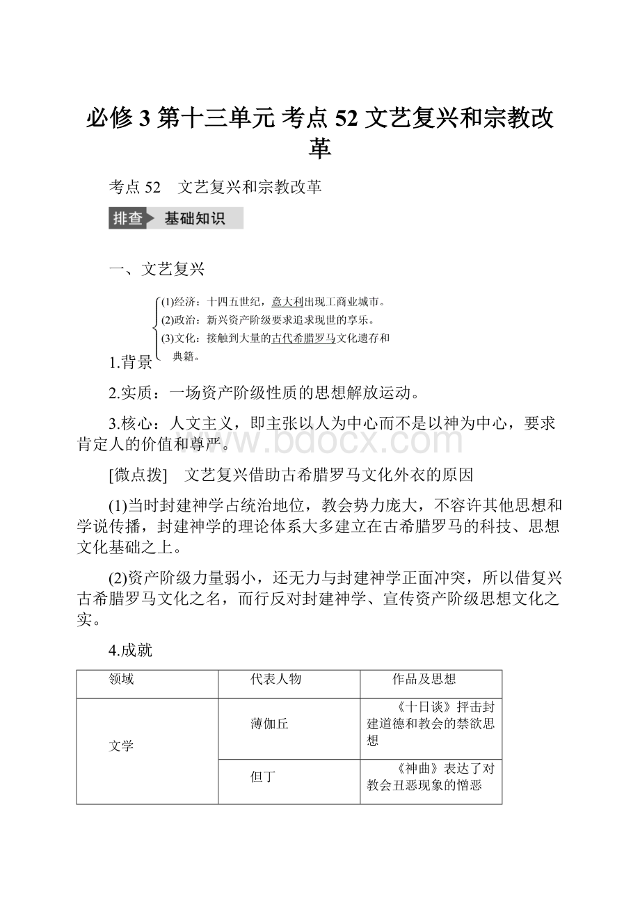 必修3 第十三单元 考点52 文艺复兴和宗教改革.docx