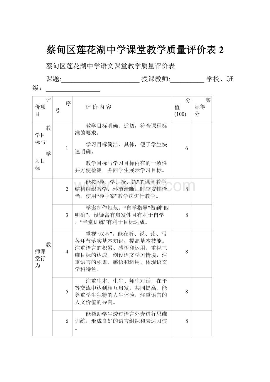 蔡甸区莲花湖中学课堂教学质量评价表 2.docx