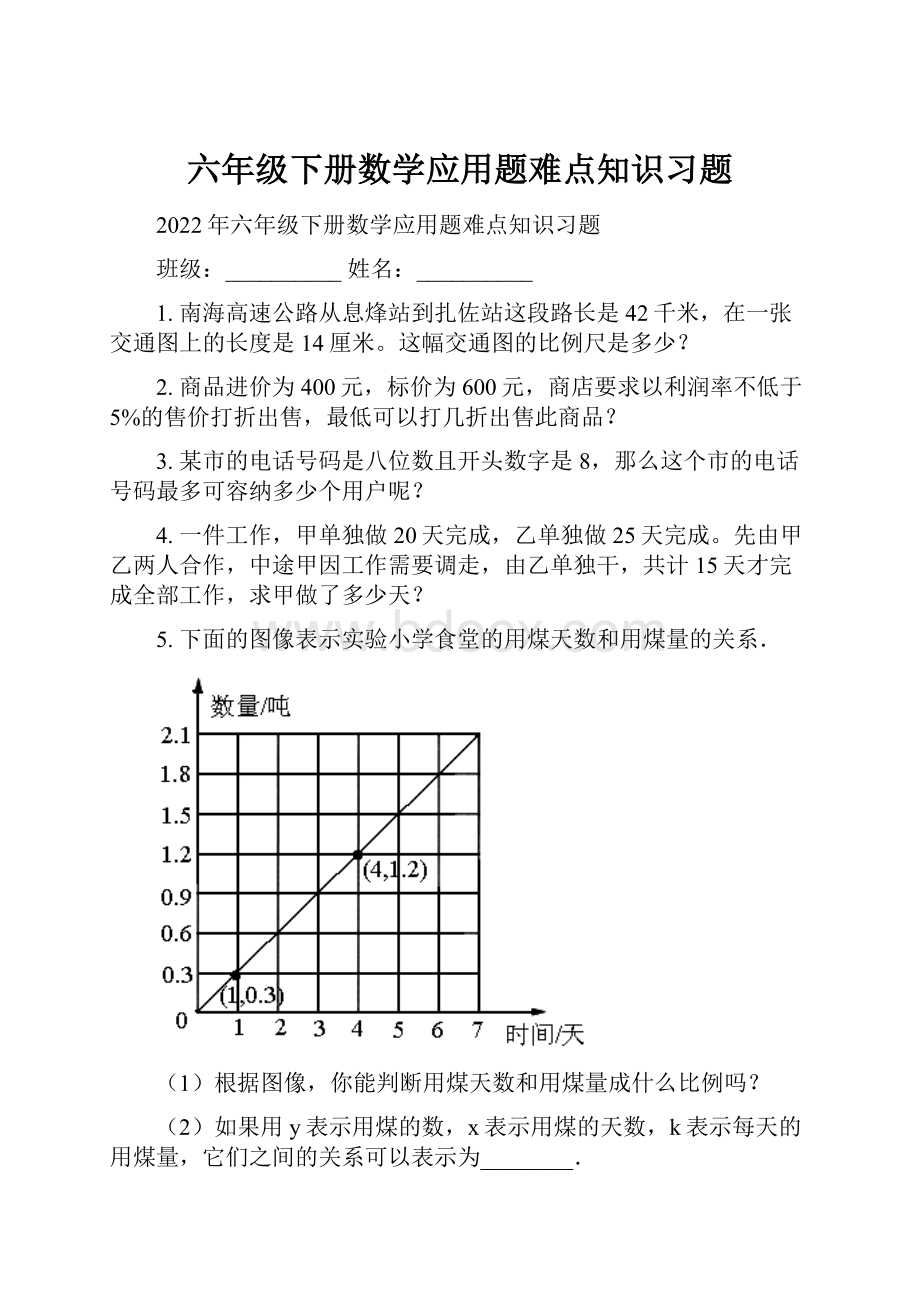 六年级下册数学应用题难点知识习题.docx