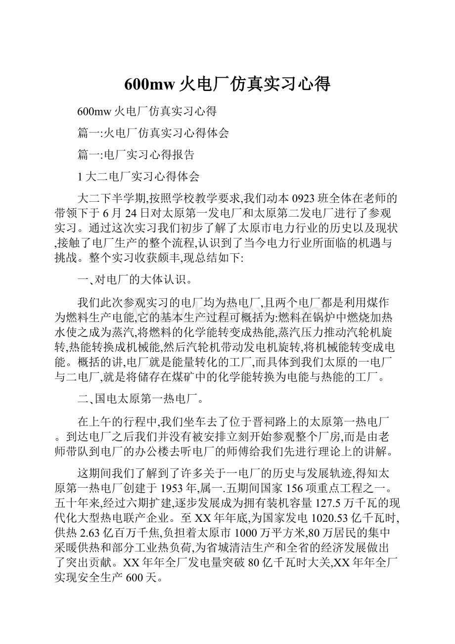 600mw火电厂仿真实习心得.docx