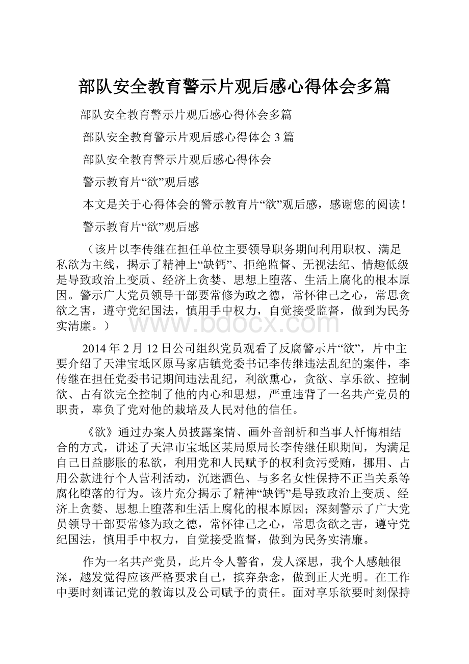 部队安全教育警示片观后感心得体会多篇.docx_第1页