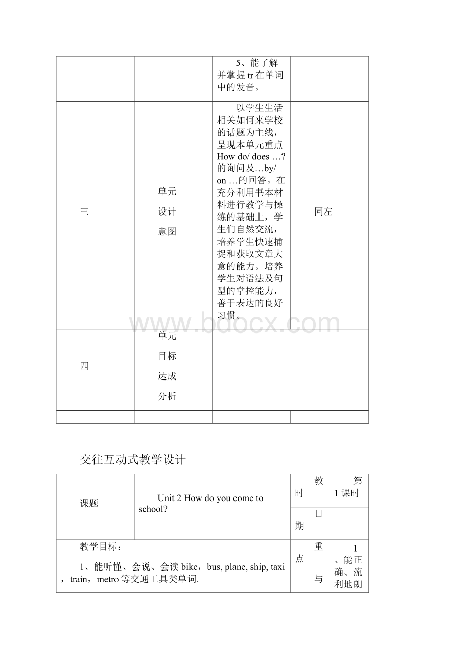 译林版英语五年级下册Unit2 How do you come to school四课时交往互动式教学设计表格式.docx_第2页