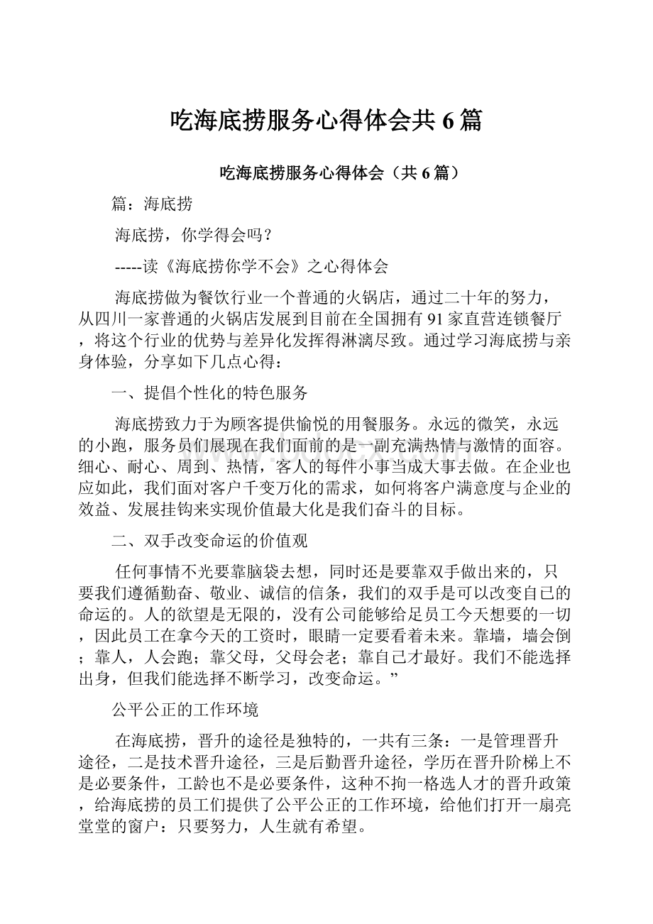 吃海底捞服务心得体会共6篇.docx_第1页