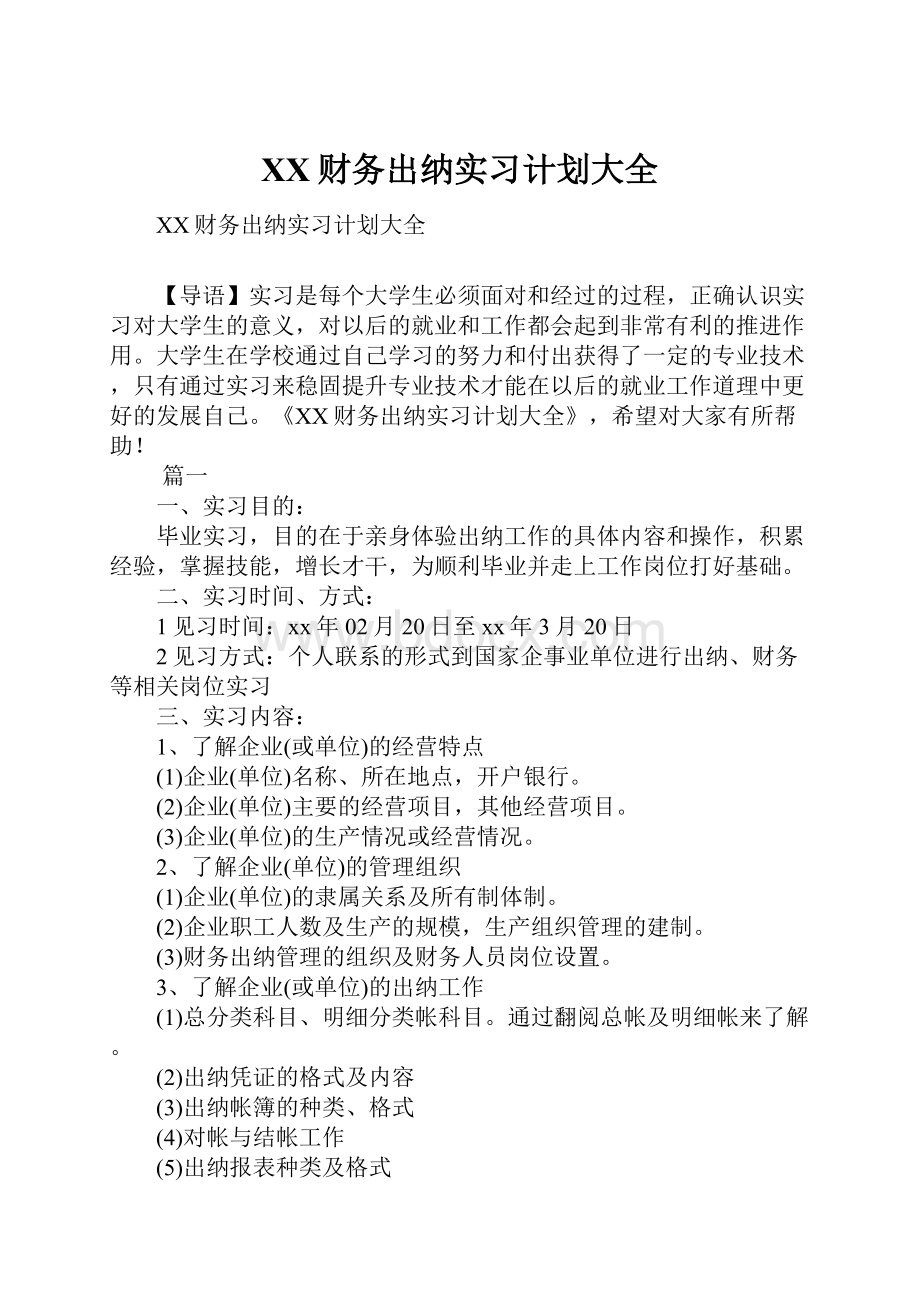 XX财务出纳实习计划大全.docx