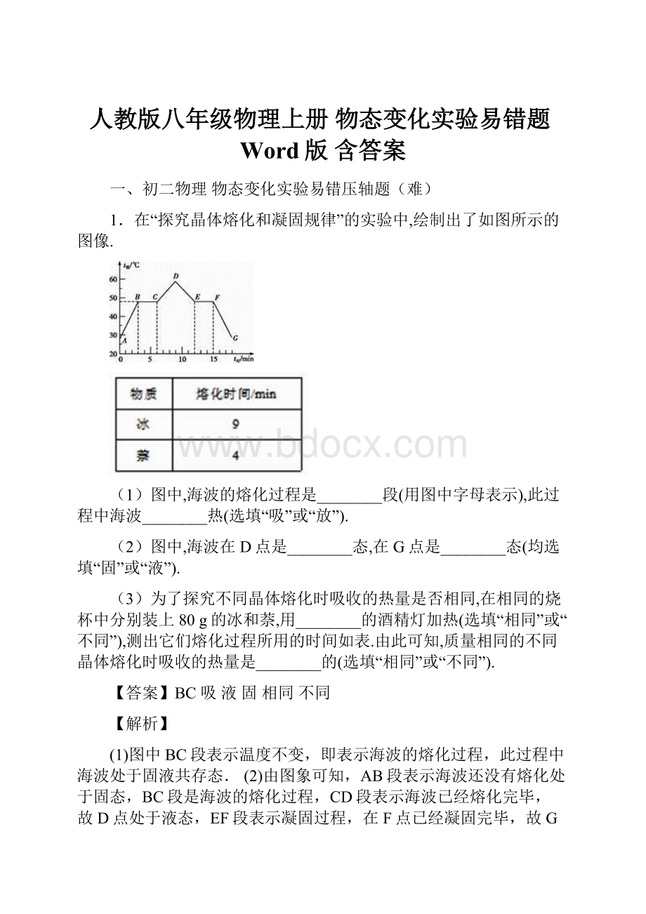 人教版八年级物理上册 物态变化实验易错题Word版 含答案.docx