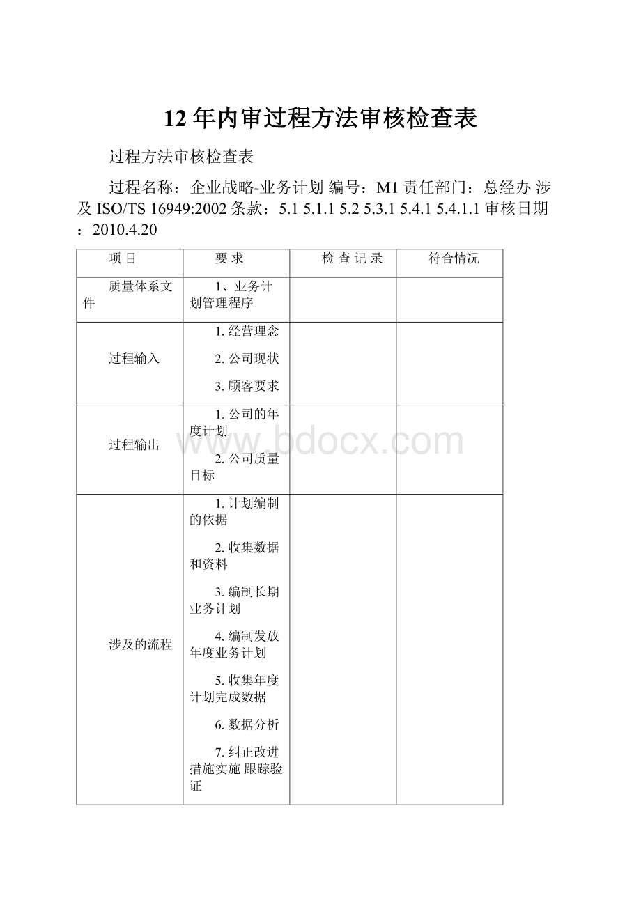 12年内审过程方法审核检查表.docx_第1页