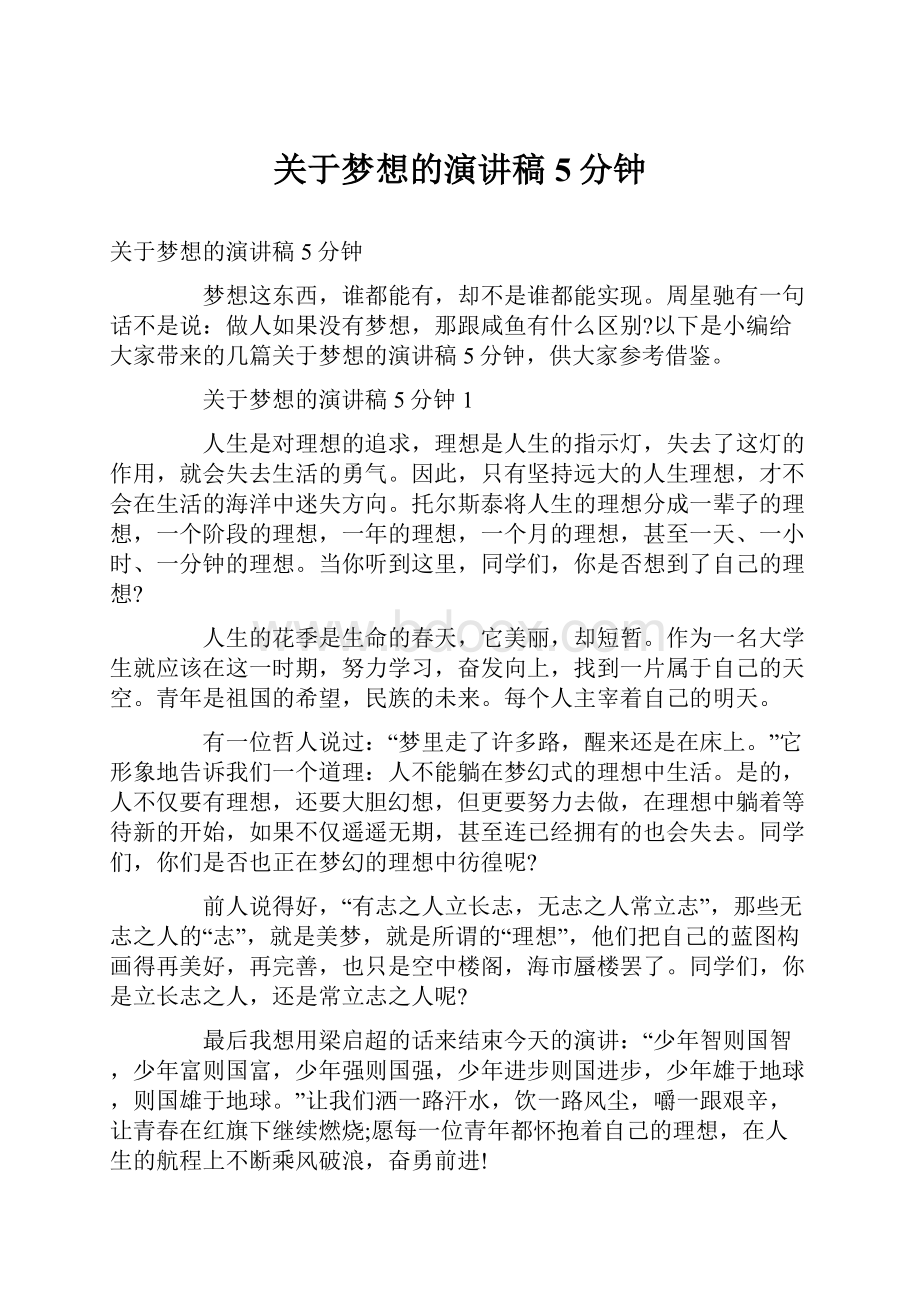 关于梦想的演讲稿5分钟.docx