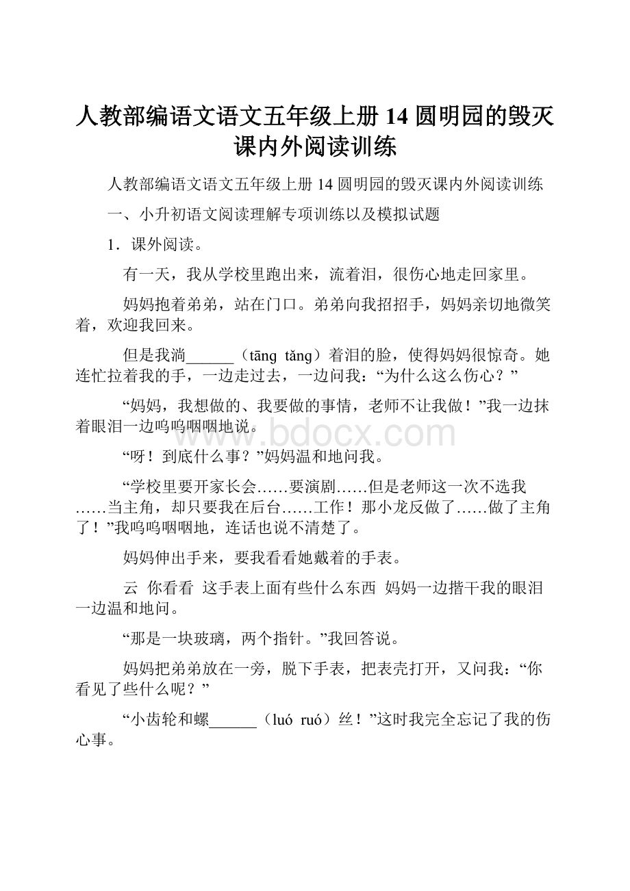 人教部编语文语文五年级上册 14 圆明园的毁灭课内外阅读训练.docx