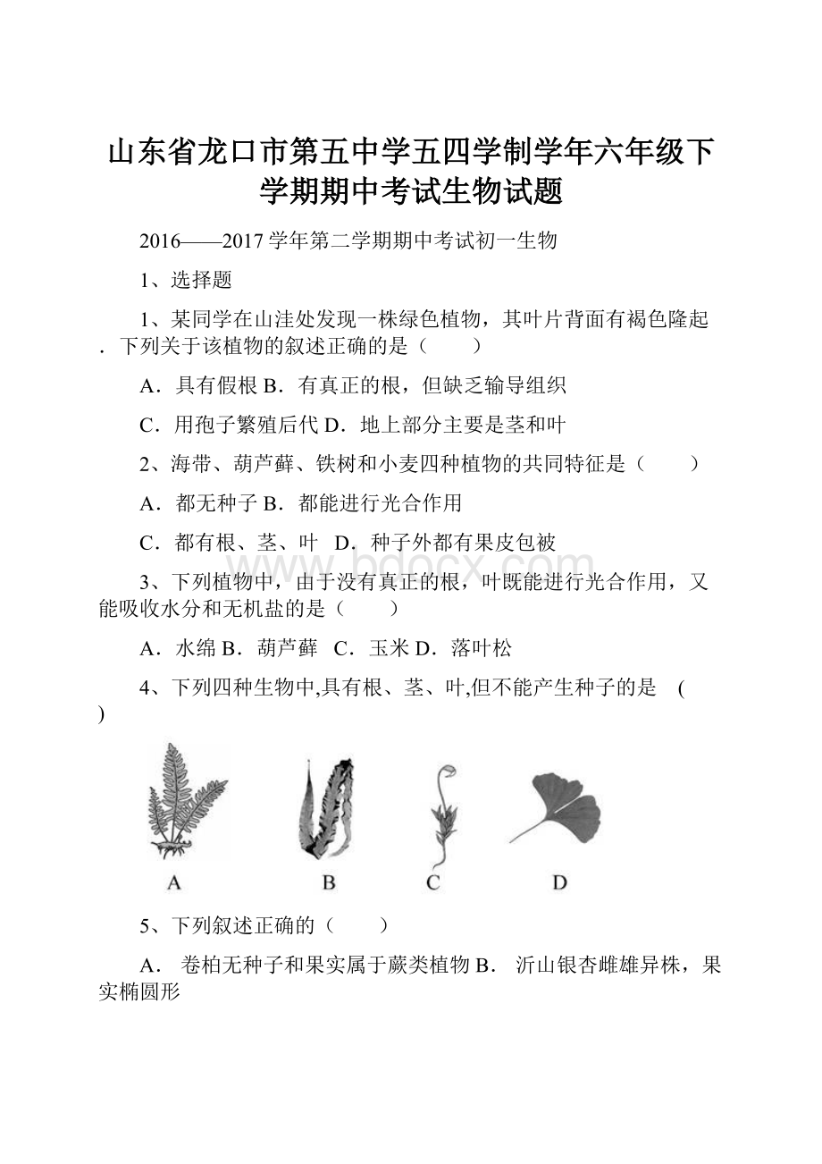 山东省龙口市第五中学五四学制学年六年级下学期期中考试生物试题.docx_第1页