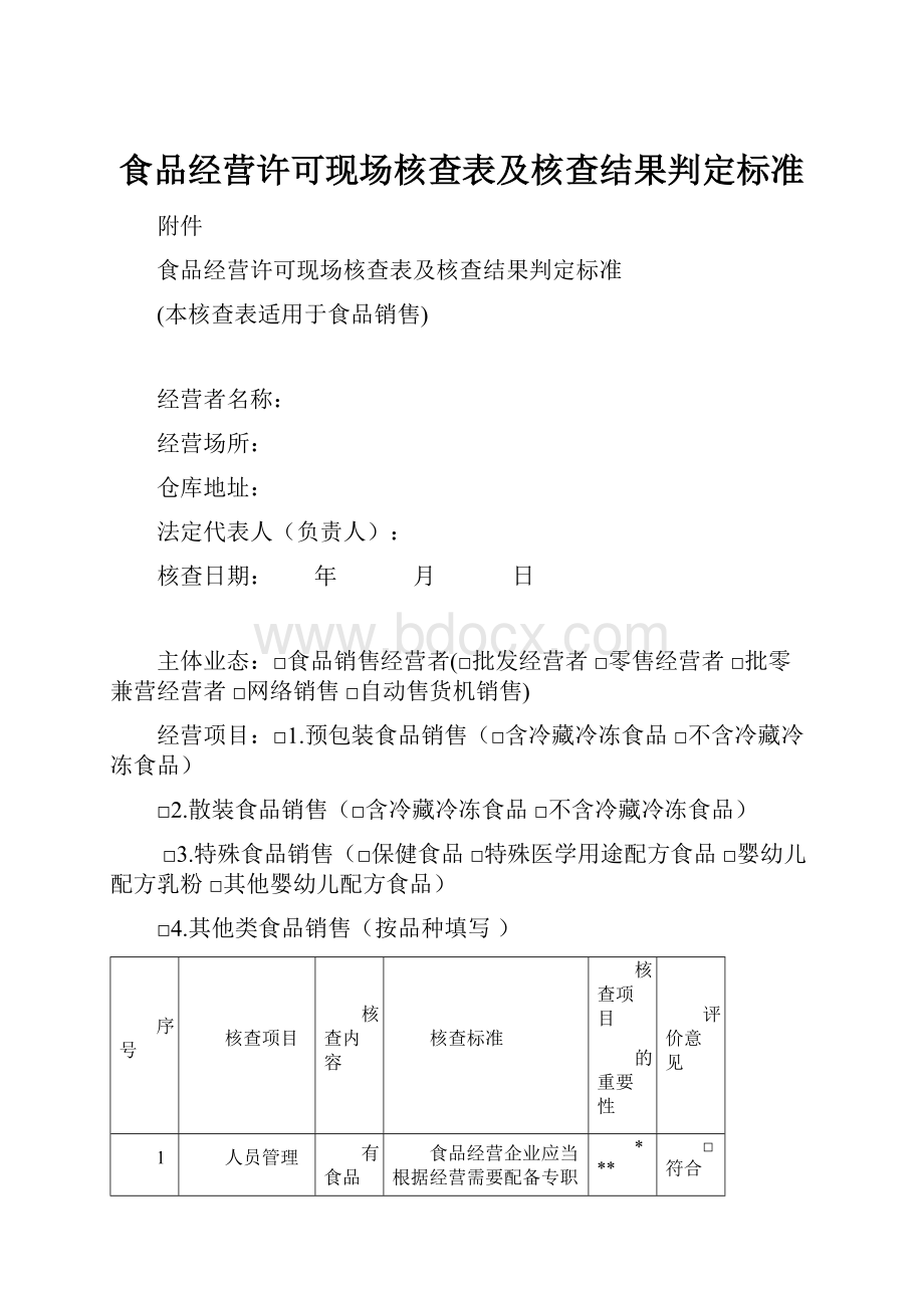 食品经营许可现场核查表及核查结果判定标准.docx