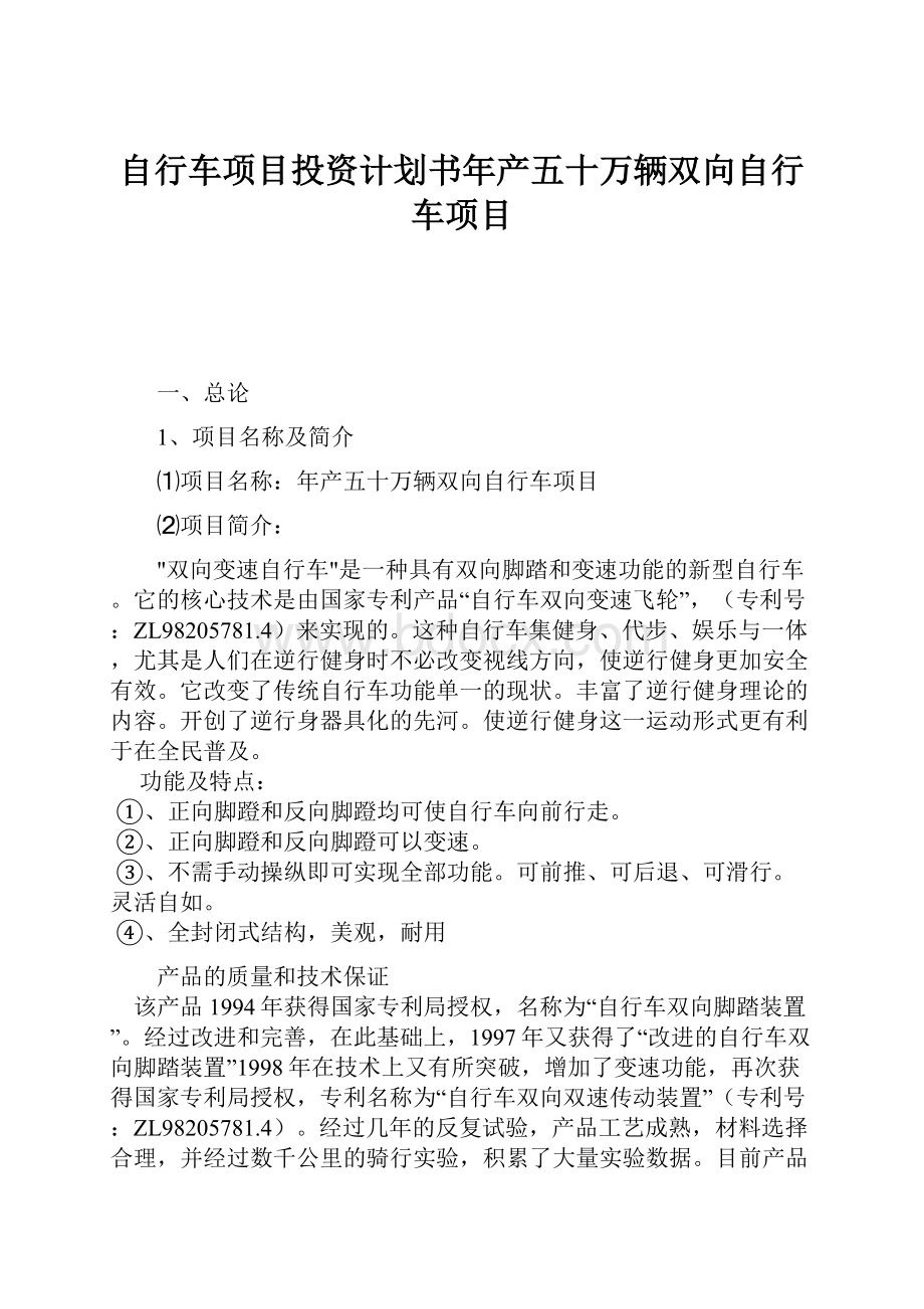 自行车项目投资计划书年产五十万辆双向自行车项目.docx