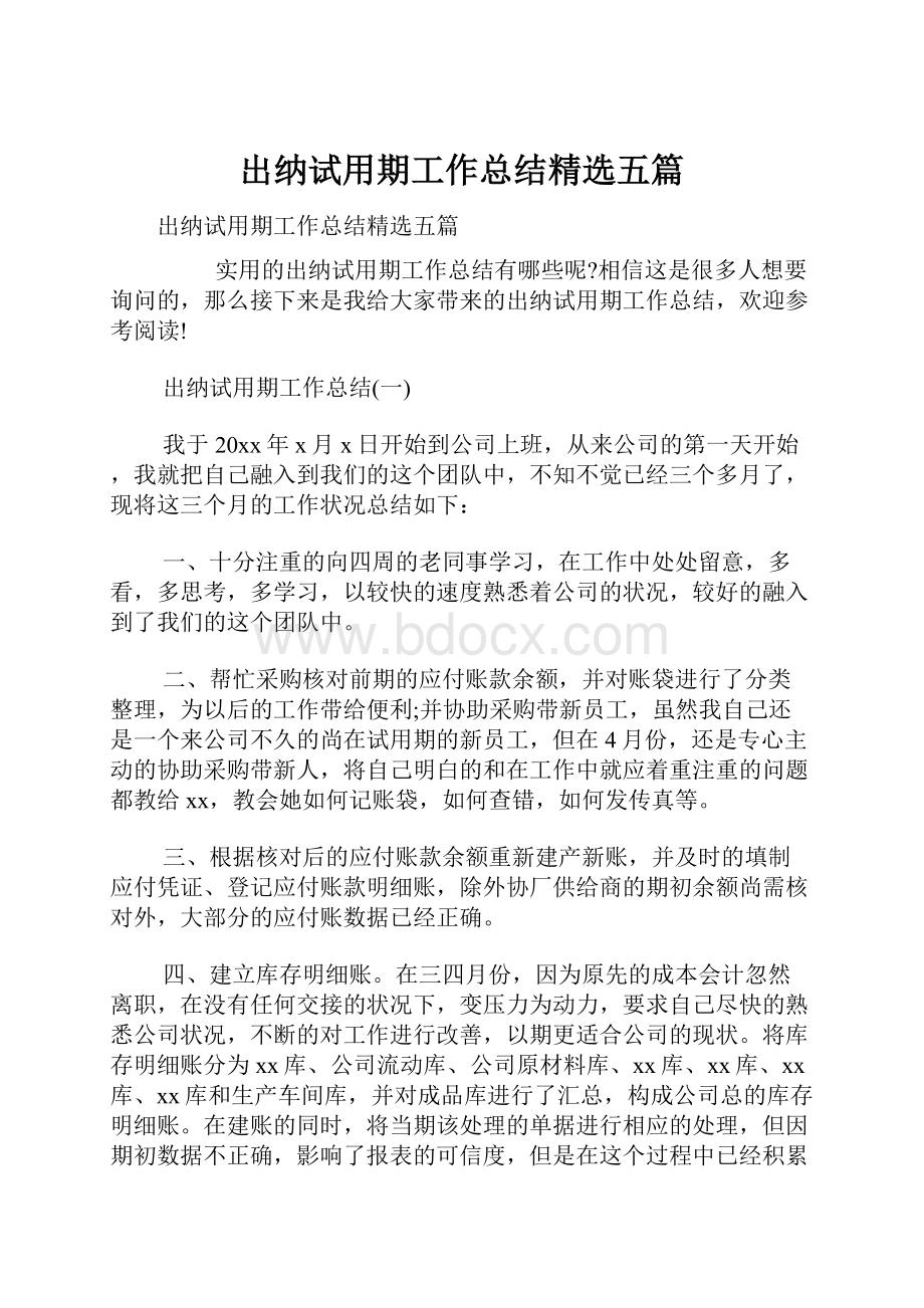 出纳试用期工作总结精选五篇.docx