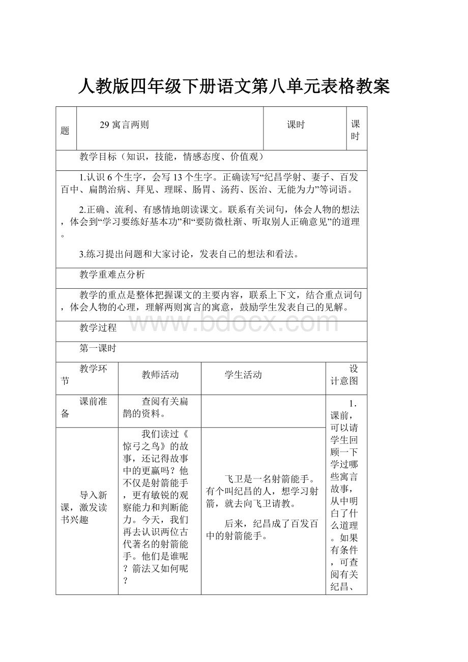 人教版四年级下册语文第八单元表格教案.docx