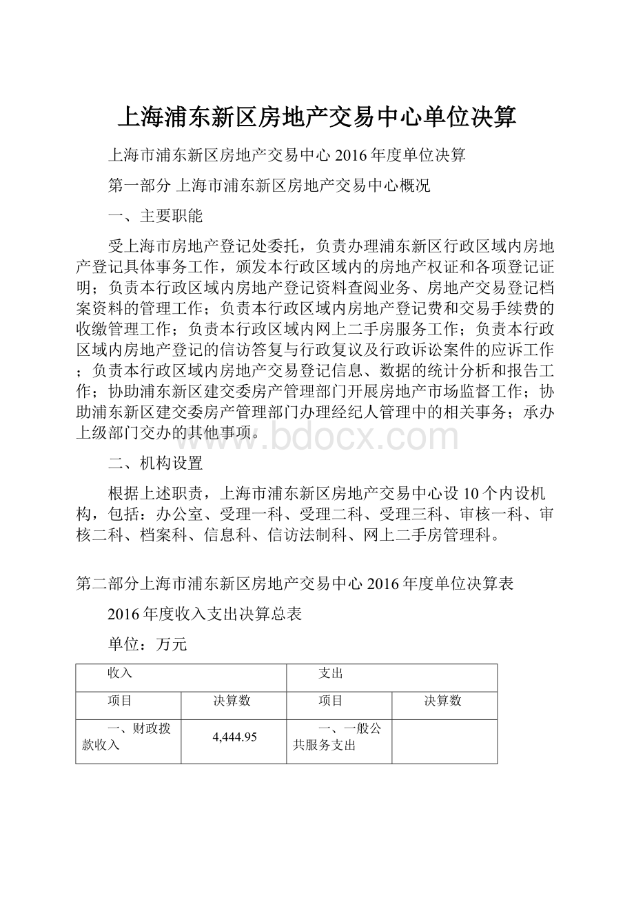 上海浦东新区房地产交易中心单位决算.docx