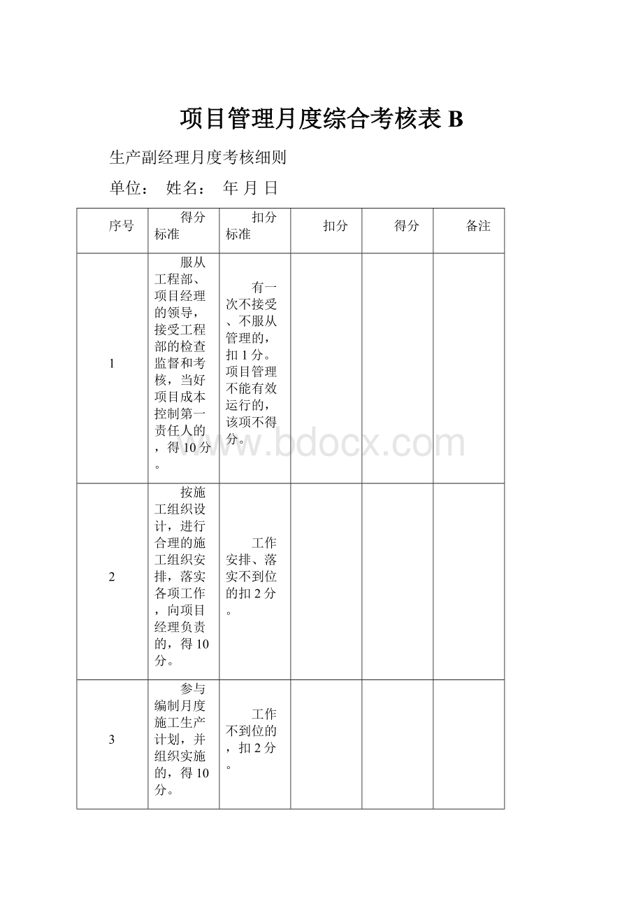 项目管理月度综合考核表B.docx_第1页