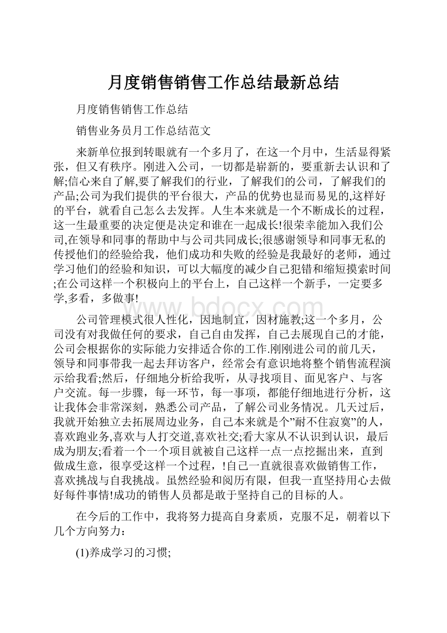 月度销售销售工作总结最新总结.docx