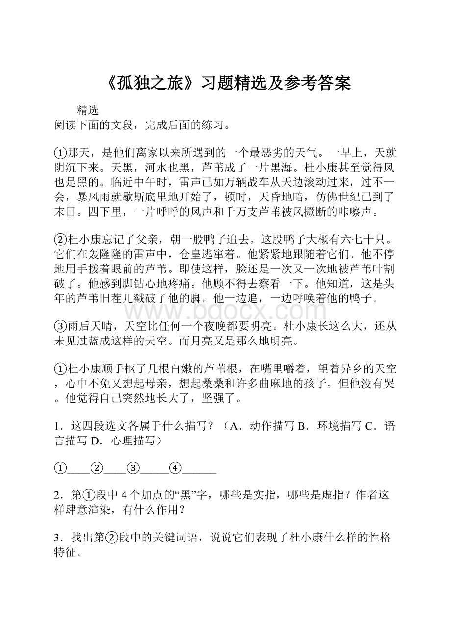 《孤独之旅》习题精选及参考答案.docx