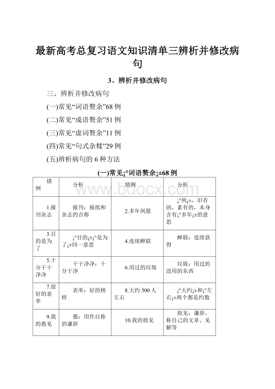 最新高考总复习语文知识清单三辨析并修改病句.docx