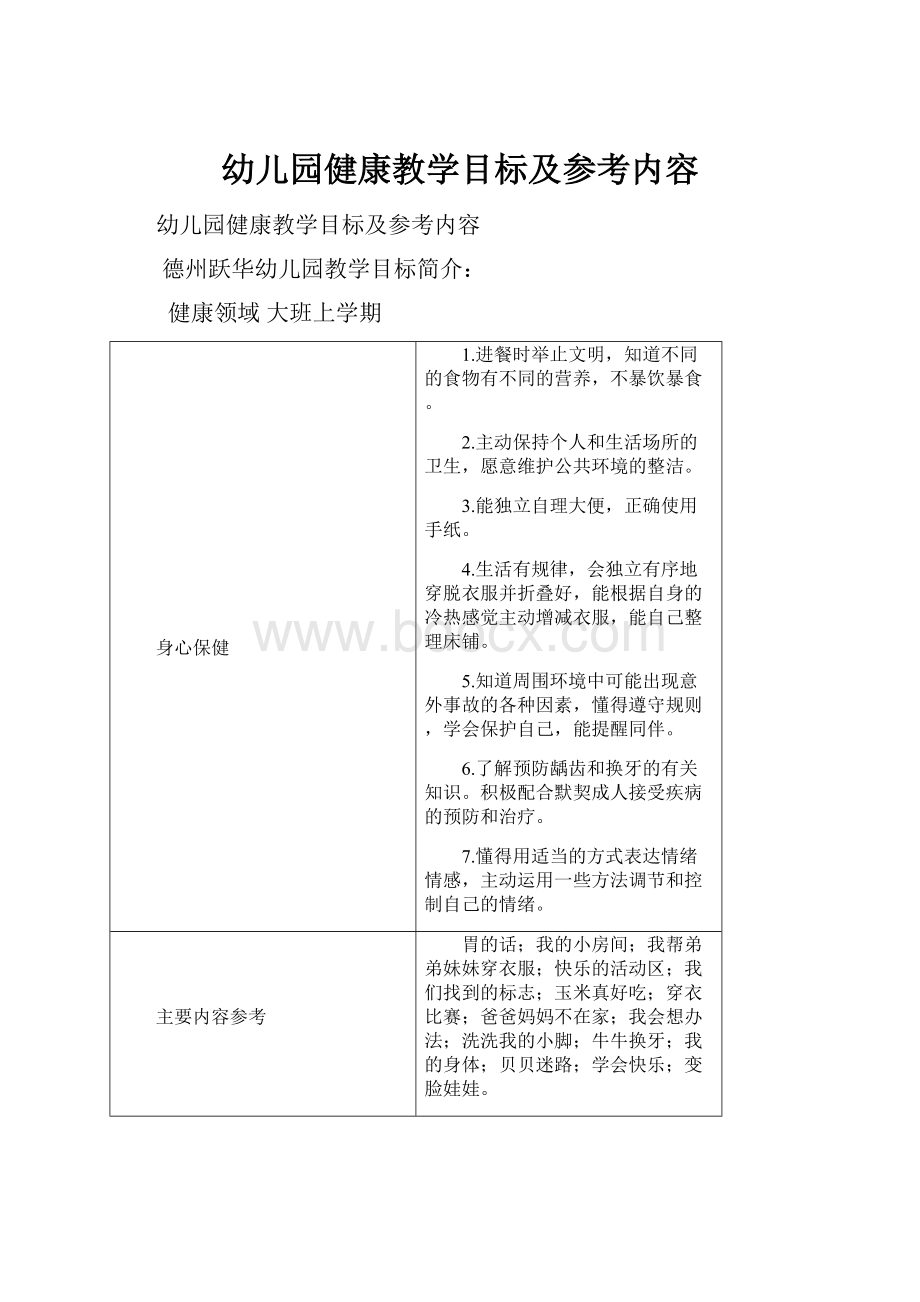 幼儿园健康教学目标及参考内容.docx_第1页