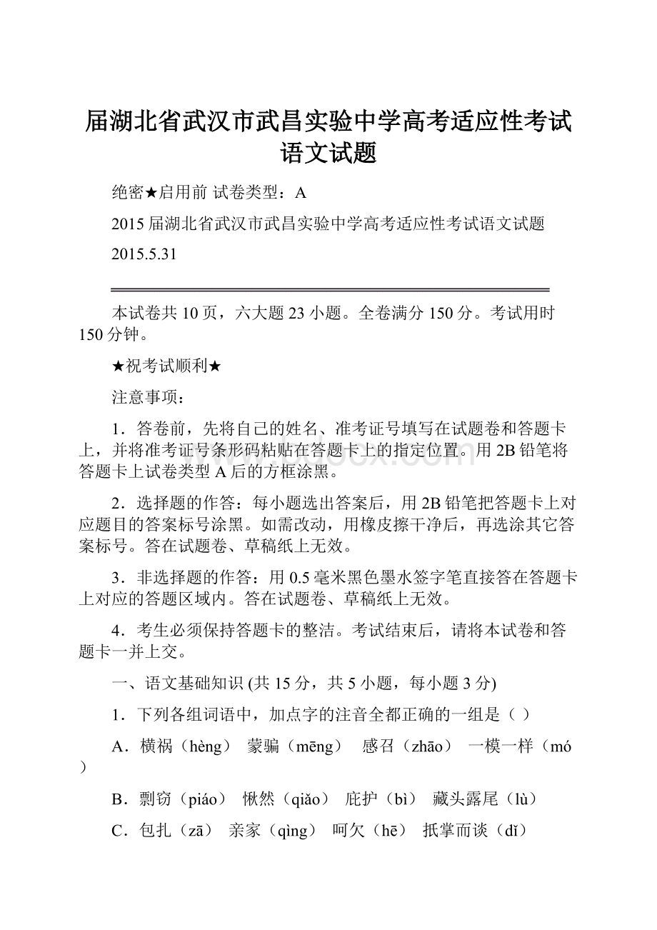 届湖北省武汉市武昌实验中学高考适应性考试语文试题.docx