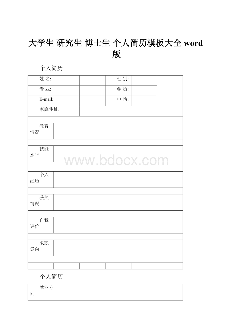 大学生 研究生 博士生 个人简历模板大全 word版.docx