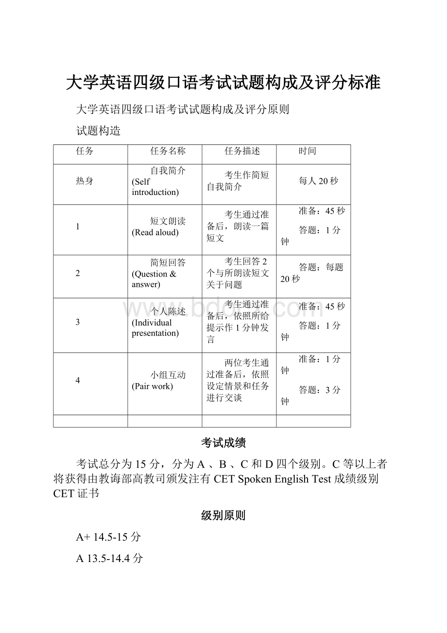 大学英语四级口语考试试题构成及评分标准.docx