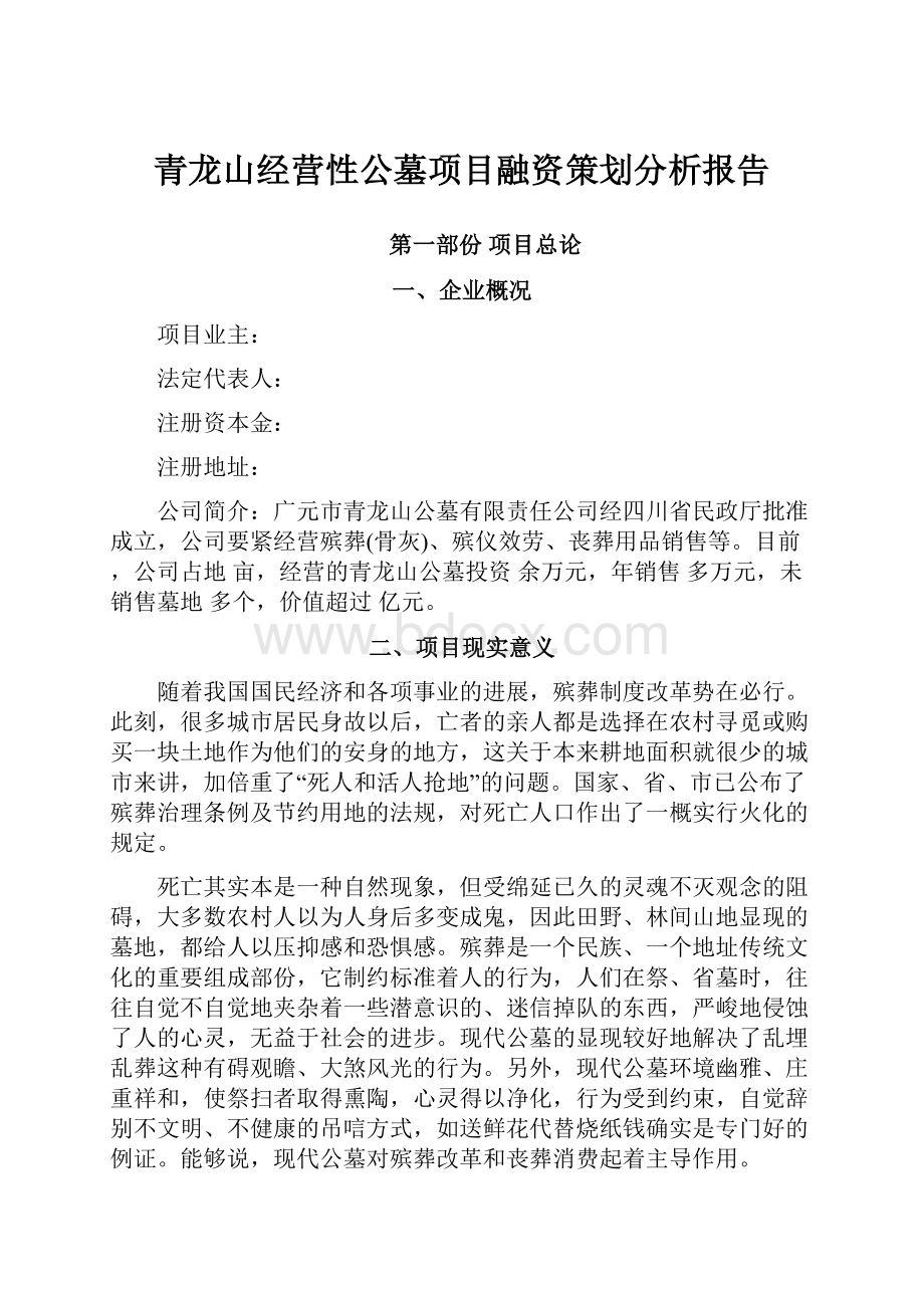 青龙山经营性公墓项目融资策划分析报告.docx