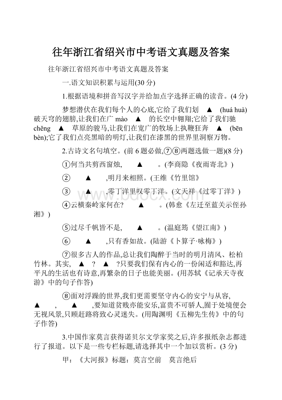 往年浙江省绍兴市中考语文真题及答案.docx