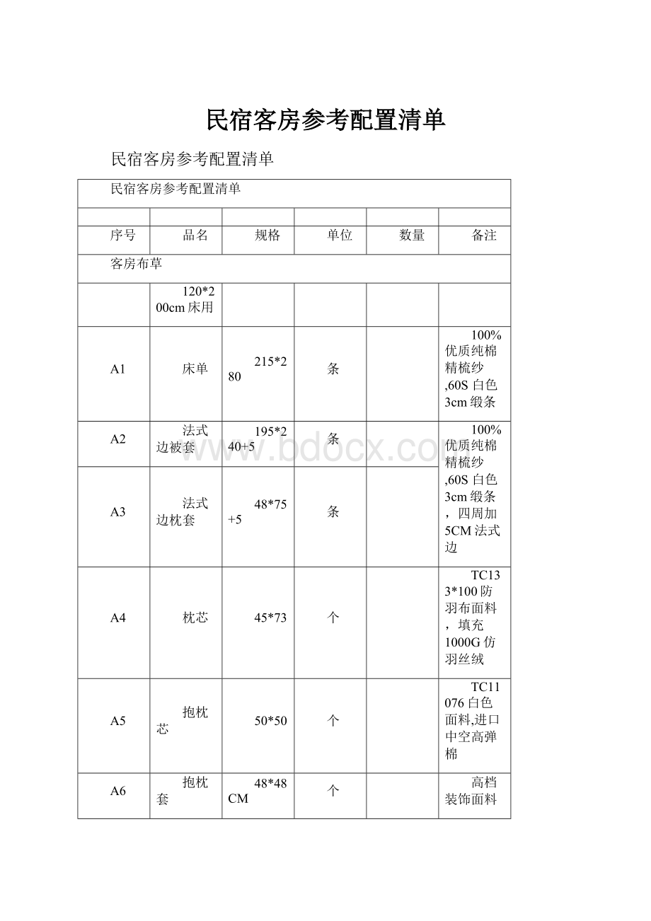 民宿客房参考配置清单.docx