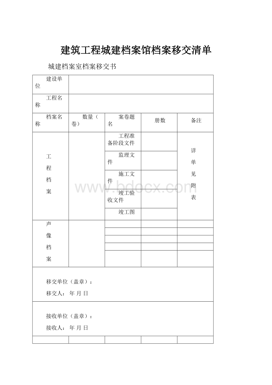 建筑工程城建档案馆档案移交清单.docx