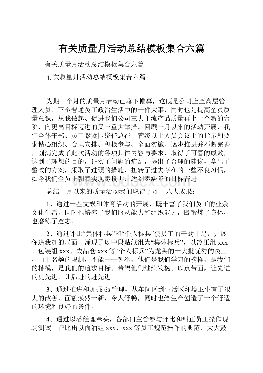 有关质量月活动总结模板集合六篇.docx_第1页