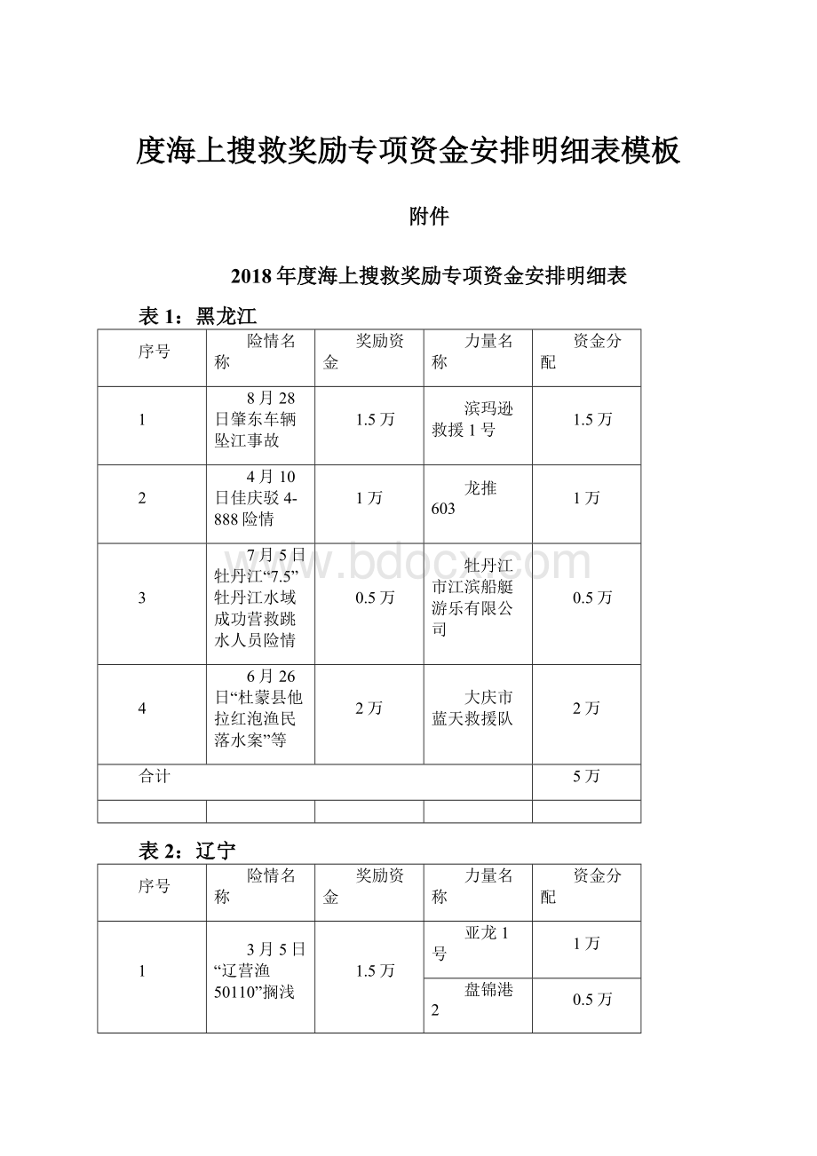 度海上搜救奖励专项资金安排明细表模板.docx